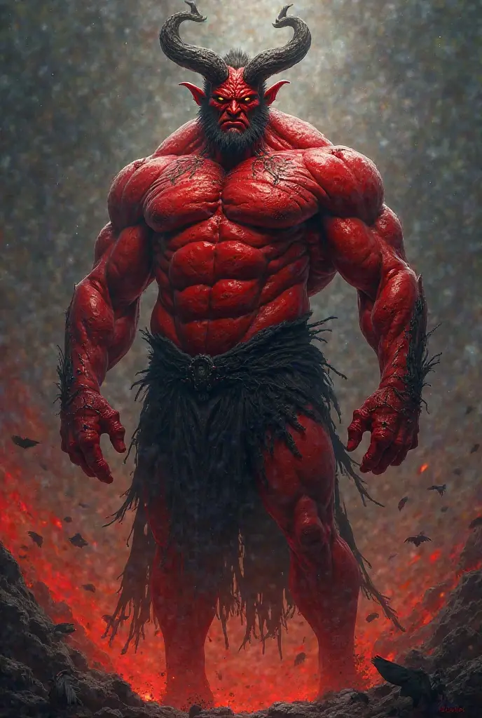 Photorealistic naked tall large male demon with a body like the orcs from warcraft movie,massive horns, big muscles and a long beard