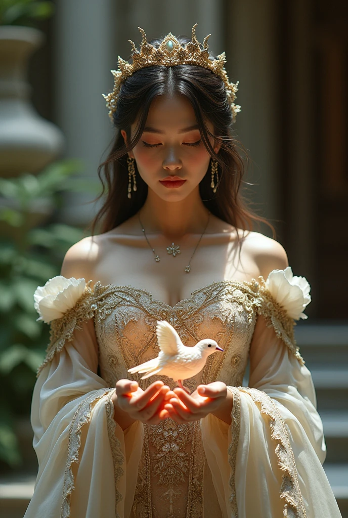 (masterpiece, best quality:1.5), highest quality, High resolution, super detailed, Realists, Upper body photo of a brunette sorceress, detailed and beautiful eyes, beautiful detailed lips, very detailed eyes and face, longeyelashes, shiny satin dress, Holding a magic wand in your hand and performing a transformation spell, Magic wands present and shining, Beautiful and colorful makeup, elegant and noble々The jewelry bag, Gardens as background, soft daylight, bright colors, fine brushstrokes, Portrait style, Silk dress fabric, beautiful color palette, glowing skin, First-class rendering, that captures every detail, enchanting atmosphere, subtle shadows and lights, (perfect anatomy:1.2), (The two stunning sorceresses transform flowers into birds) (a transformation):1.4), (magnificent panorama view:1.2)