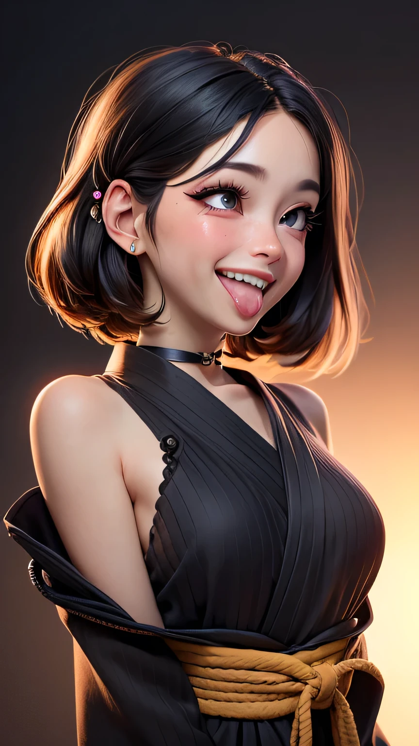 one white girl, solo, slender body, (upper body, bust:1.2), black eyes, black hair, choker, (yukata, transparent clothes:1.3), bare shoulders, belts, shoulder-belts, masterpiece, highly detailed, look at viewer, expressing joy, shiny blured orange background, gradient sprayed background, smile, happy face, naughty grin, front view, gradient red purple background, blured background, glowing edges of image, (abs, tiny breasts, cleavage:1.4)