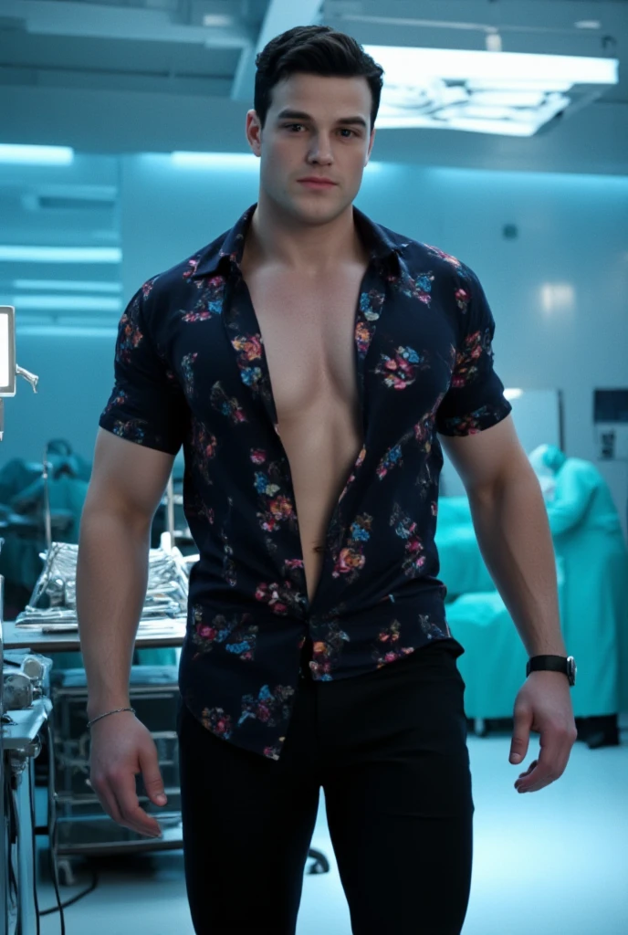 (masterpiece, best quality, realistic, ultra high detailed, medium shot portrait, The Confident Surgeon A tall, muscular 20-year-old surgeon, His printed shirt adorned with symbols and floral patterns, is fully unbutton, totally revealing his bare muscular torso with a broad chest and chiseled abs, his smooth white skin with a sheen of sweat is glistening under the warm lights, highlighting every detail of his physique, stands in a high-tech operating room. . His short, stylish hair gives him a hot yet refined appearance, emphasizing his high cheekbones and a sharp jawline. His deep almond-shaped eyes, filled with desire, gaze directly at the viewer, exuding sensual allure. His pants are made of form-fitting, black fabric. His veined, muscular forearms are visible. His boots are polished, catching the light as he shifts his weight. Surgical instruments gleam on the sterile trays behind him, and the cool, blue light of the operating room casts shadows that highlight the contours of his muscular arms. His gloved hands rest confidently by his sides, and the air is thick with tension and focus, but his sensual aura breaks through the clinical environment, making his presence irresistible. His sensual aura is creating an environment of both passion and allure. perfection, extremely sensual, highly erotic, most sexiest, homoerotic, alluring,