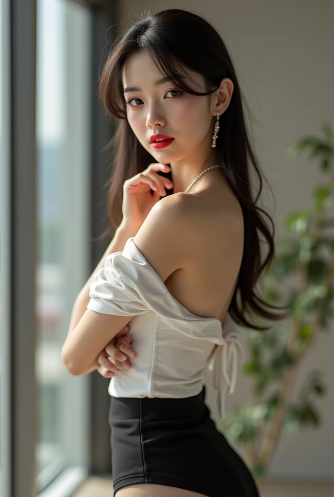 (8K分辨率,Photo above the thigh,Sideways close-up photo),(1womanl,20yr old,((Facial features of Thai Min:1.8,s delicate face,详细的脸),floated hair,Confused eyes,Slightly open mouth),Fair smooth skin,(Best Skin Type:1.21),(Slender abs,Clear vest line),captivating curves,(White silk bandeau,White silk shorts,),(Spiral Roman shoes,Attractive long legs),With a petite figure,(Model with back against window,One leg raised,Naturally placed hands),delicate artwork,perfect hand,Ultra-fine clothing material),(high rise,Huge floor-to-ceiling windows,City night background,Exquisite environmental details),(Professional lighting,动态照明)),(Golden section,Cinema lenses,Hasselblad photograp,tmasterpiece:1.3),(The art of bondage,fashion art,trendsetting,Artis,Art platform)