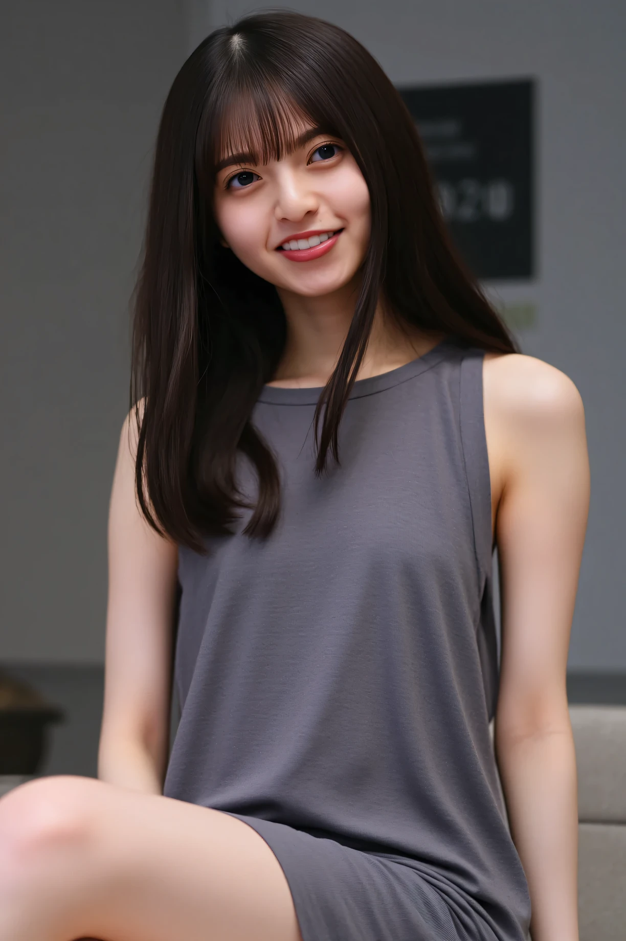 Amazing portrait of a sexy woman wearing her long straight luscious black hair, seductively gazing and smiling, soft lips, parted, blushing intensely, smiling, black tank top, dark green long skirt, medium chest, perfect body