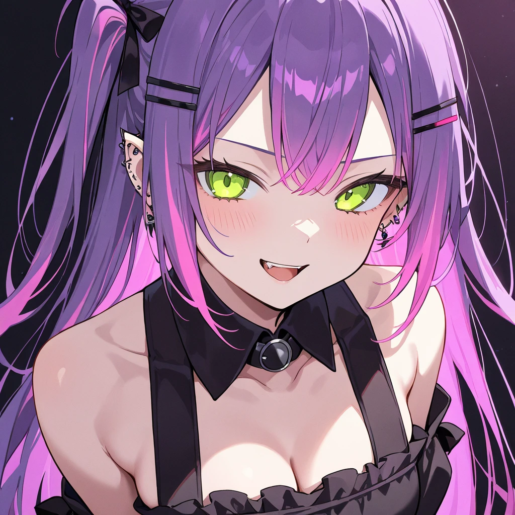 (masterpiece), (best quality), perfect face, beautiful girl, white background background, delicate and beautiful face and eyes, dark intense shadow,
1 girl, vtuber style, cool girl, hololive, Tokoyami Towa, purple hair, purple evening dress, small chest, cropped shoulders, clavicle, winking, smile, body visible through clothes, chest visible through clothes, ass visible through thighs, High heel, (full body), looking at viewer, standing,