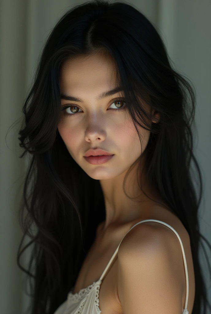 A closeup of a beautiful woman with a tattoo on her arm, looking straight forward in camera, menina atraente, Foto de perfil do headshot, cabelo e maquiagem escuros, cabelo escuro maravilhoso, with pale skin, pale glowing skin, She has black hair, messy black hair, pale fair skin!!, menina com cabelo preto, Kaitlyn Michelle Siragusa, cabelo preto rosto bonito, pale skin!, cabelos escuros
