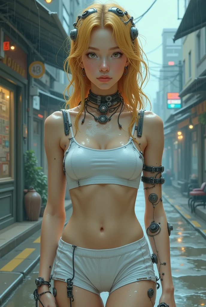 beautiful woman with long wavy blonde hair, detailed alluring eyes, long sexy legs, wearing tiny shorts, short red t-shirt, in the parking lot of a shopping center, ((detailed facial features)), (finely detailed skin), pale skin, realistic skin texture, extreme skin details, (pores:0.1), in the background beautiful futuristic cyberpunk city, best quality masterpiece, photorealistic, Hyper realistic, detailed, 8k, HDR, (Soft color: 1.2), shallow depth of field, wide light, High contrast, backlighting, Bloom, flashes of light, chromatic aberration, sharp focus, Raw color photo, no background blur,big tits with medium round breasts