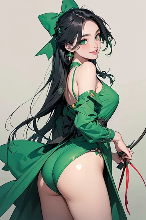 A cute very young girl with long black hair and green eyes, standing really short, skinny and petite body, with a pale, shiny skin. Her figure is accentuated by her arched back and the shape of her small and pointy breasts covered only by tight clothing