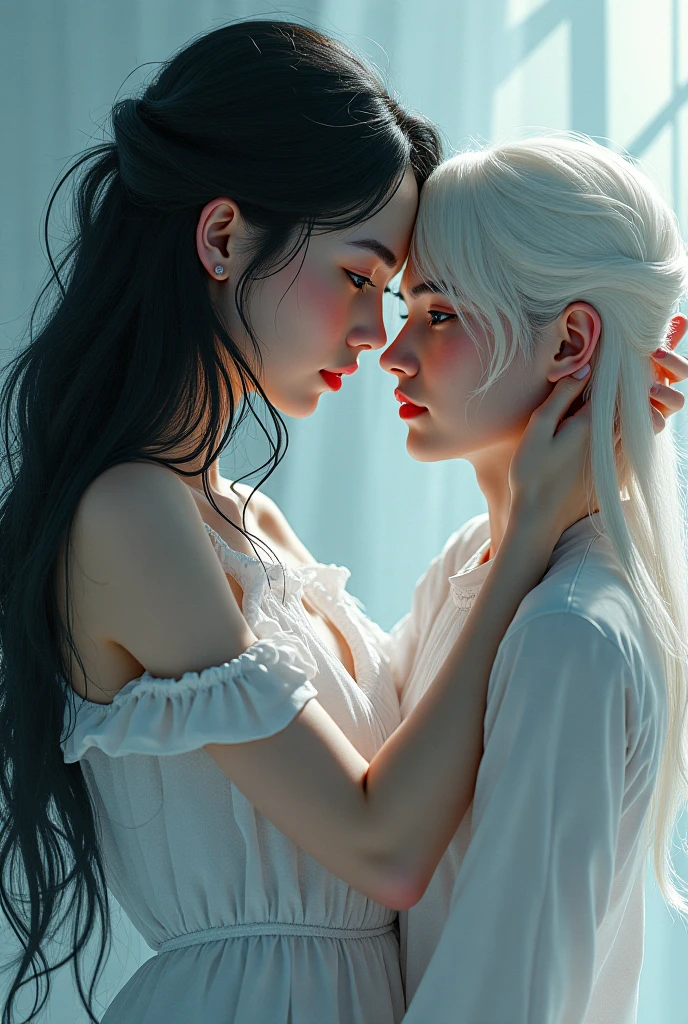 A guy with white hair, shirtless, closed eyes, kissing a girl with long black hair, closed eyes, detailed,
