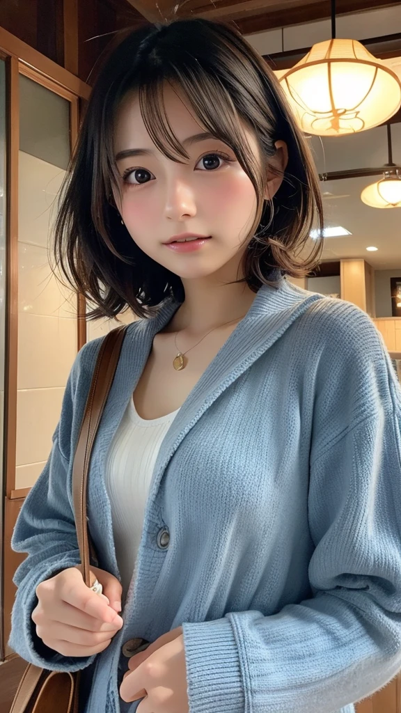 Girl, brown hair, bob haircut, with bangs, purple snow jacket with green sweater inside, hands crossed, slightly serious expression, big eyes, white gloves, blue eyes,