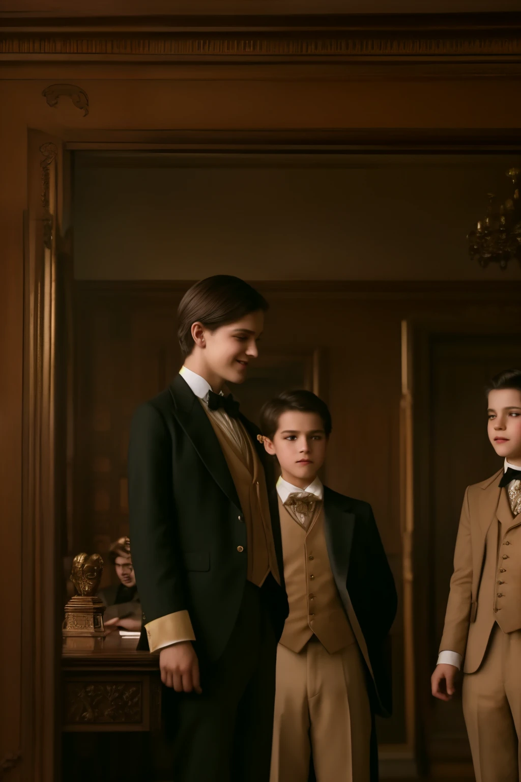 A warm golden light illuminates a cozy Victorian living room. Three ordinary boys, dressed in elegant suits with high collars, stand near a desk. The backdrop is a rich dark wood paneling, adorned with ornate mirrors and intricately carved furniture. Soft, delicate shadows dance across the scene as the boys' laughter and conversation fill the air.