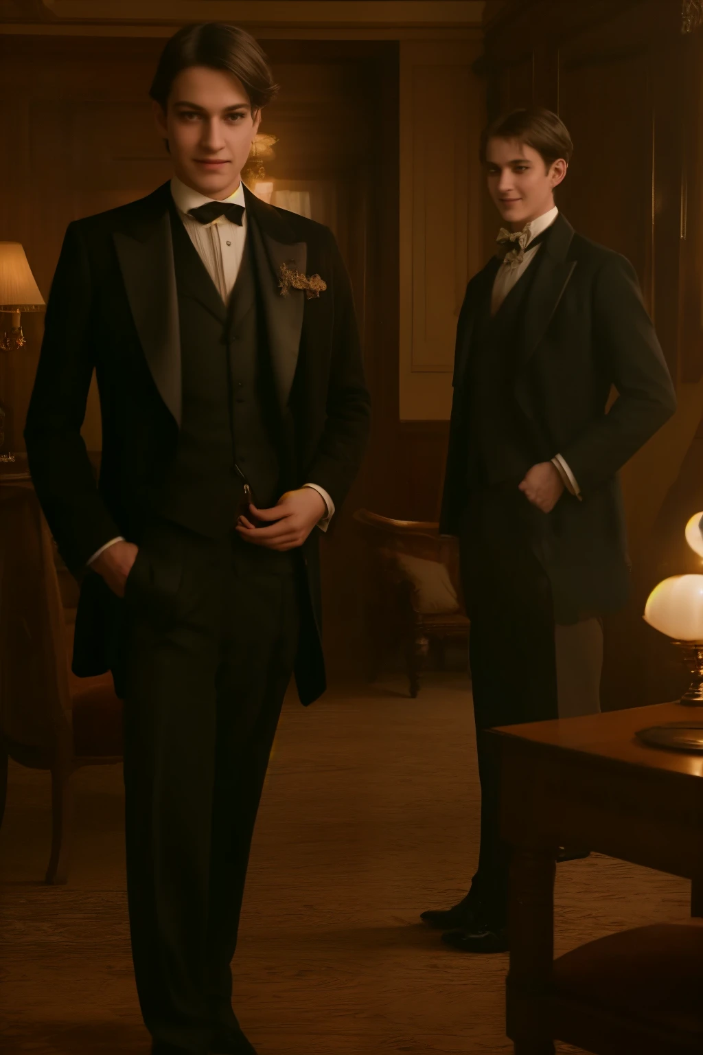 A warm golden light illuminates a cozy Victorian living room. Three ordinary boys, dressed in elegant suits with high collars, stand near a desk. The backdrop is a rich dark wood paneling, adorned with ornate mirrors and intricately carved furniture. Soft, delicate shadows dance across the scene as the boys' laughter and conversation fill the air.