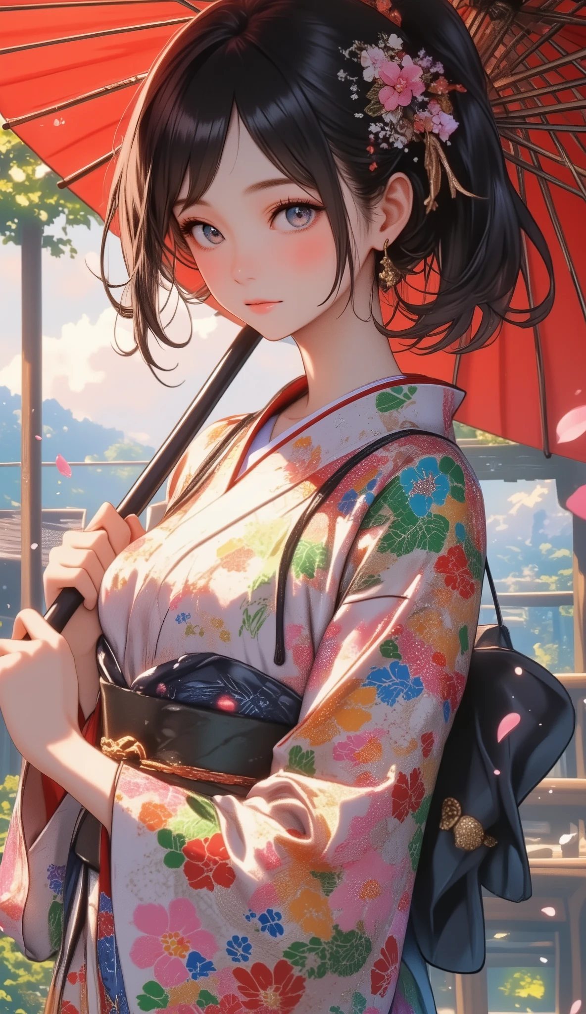 Woman holding a Japanese umbrella , Nishijin Textile Kimono , Japanese painting style, beautiful anime style portrait, Extra , detailed portraits of anime girls , Beautiful Anime Portrait , beautiful anime women , digital Animation illustration, Anime Style Portrait , Additional Art ,realistic, (Beautiful Anime Girl Showing Naked Skin, large breasts, huge breasts, big breasts, uplifted breasts, well-defined breasts, Busty、deep cleavage)、anime style digital art , Animation illustration, ponytail, Navy Blue Kimono , Background is Sakura Fubuki