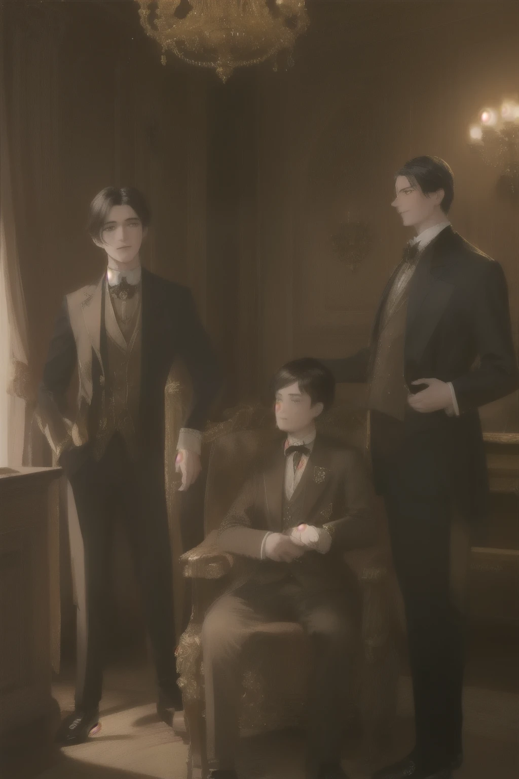 A warm golden light illuminates a cozy Victorian living room. Three ordinary boys, dressed in elegant suits with high collars, stand near a desk. The backdrop is a rich dark wood paneling, adorned with ornate mirrors and intricately carved furniture. Soft, delicate shadows dance across the scene as the boys' laughter and conversation fill the air.