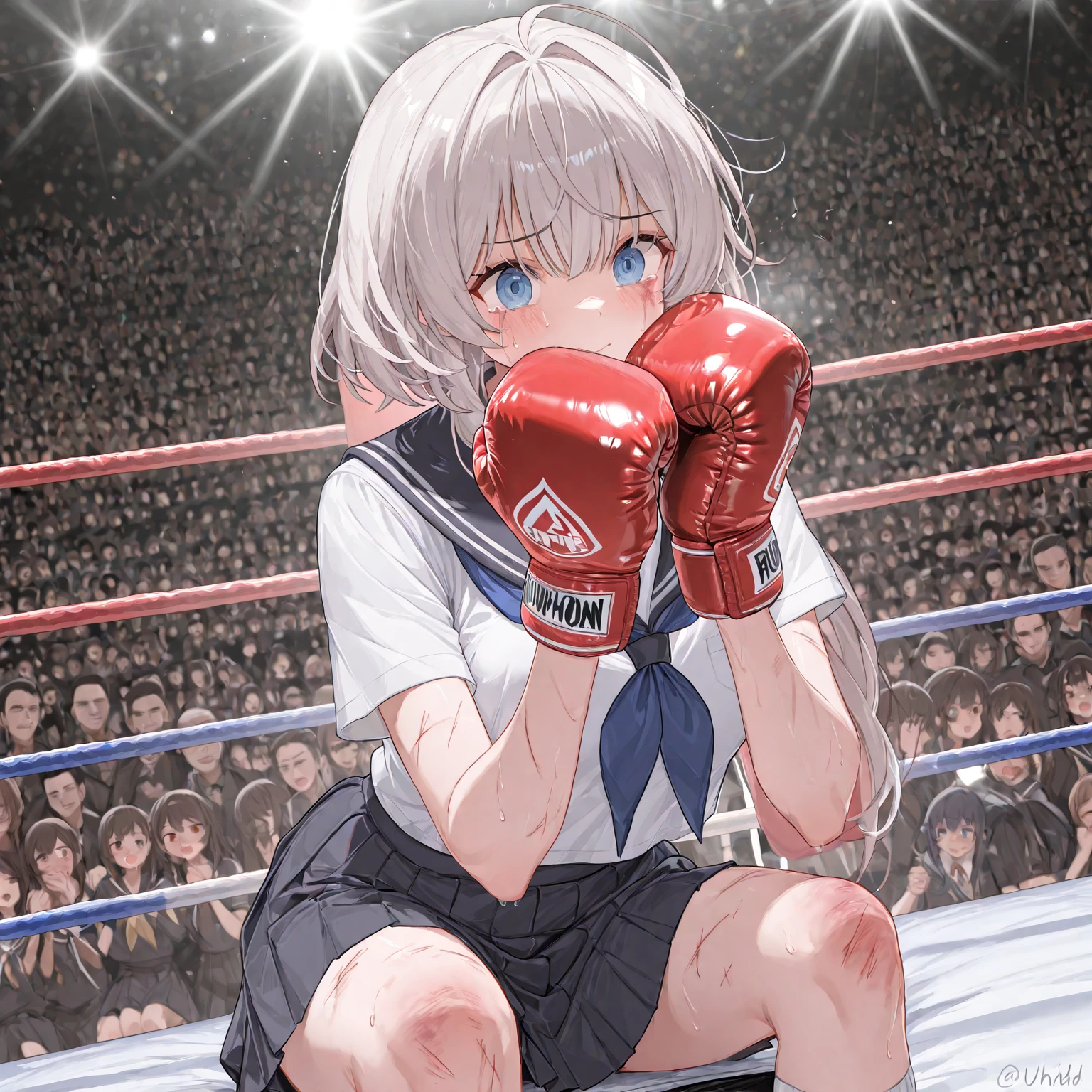 ((((hetero)))),(((boxing ring))),((((1girl and 1shota boy)))),(1girl),(((tall stature))),large breasts,ponytail, medium hair,grey hair,grey eyes,(fighter),shiny skin,ahegao,(((wearing collared shirt, blazer, pleated skirt, , bow))), (vaginal,sex),((sex from behind)),all fours,intercourse with a shota boy,(((cum on body))),((excessive cum)),cum in pussy,((cum on clothes)),cum on head,facial bukkake,cum on breast, cum on feet,fucked silly,trembling,((((1shota boy)))),(((short stature))),penis,dark-skinned shota boy,interracial,Boxing Gloves,(height difference),((masterpiece)),((best quality)),(ultra-detailed),(illustration),((an extremely delicate and beautiful)),(detailed background),

