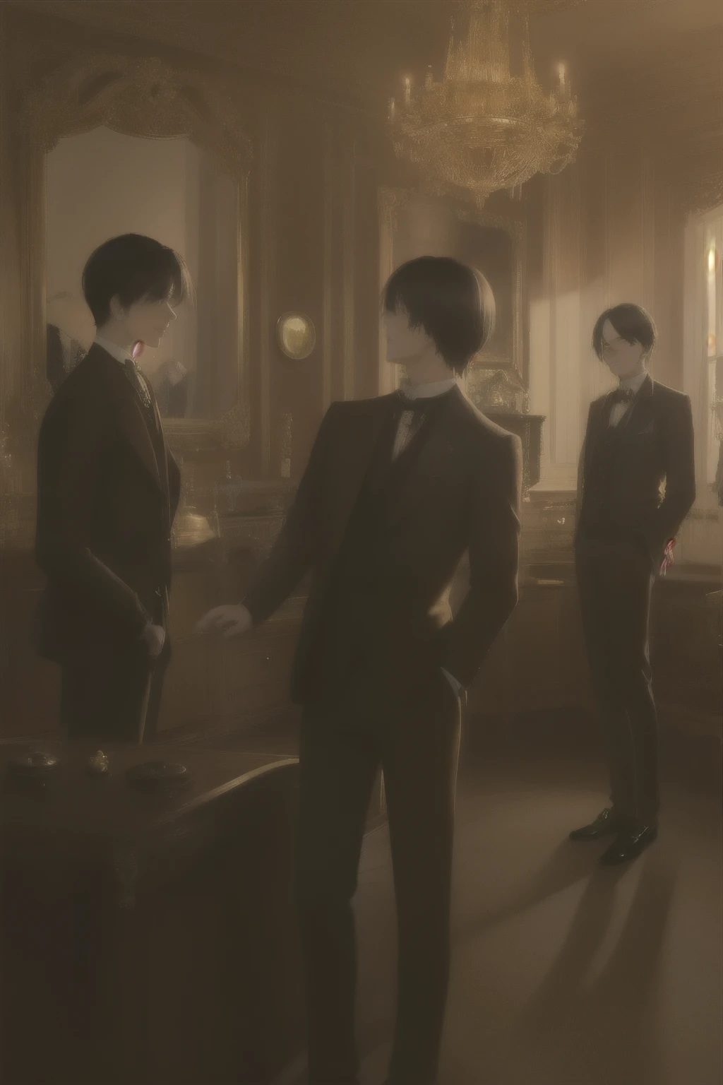 A warm golden light illuminates a cozy Victorian living room. Three ordinary boys, dressed in elegant suits with high collars, stand near a desk. The backdrop is a rich dark wood paneling, adorned with ornate mirrors and intricately carved furniture. Soft, delicate shadows dance across the scene as the boys' laughter and conversation fill the air.