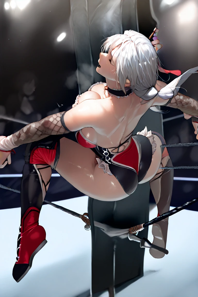 (hews art style:0.7), (asura art style:0.7), score_9, score_8_up, scscore_9, score_8_up, score_7_up, score_6_up, Iris Midgar, red hair, long hair, braid, red eyes, BREAK (masterpiece:1.2), best quality, high resolution, (detailed eyes:1.3), perfect lighting, (perfect hands, perfect anatomy), 1girl, thighhighs, rope, solo, anus, ass, bound, slap mark, torn clothes, looking at viewer, bdsm, bondage, body markings, black thighhighs, restrained, gloves, feet, spread anus, arms behind back, trembling, shibari, pussy, toes, no shoes, torn thighhighs, soles, whip marks, from behind, looking back, sweating, toeless legwear, tatami, nude, clenched teeth, embarrassed,
