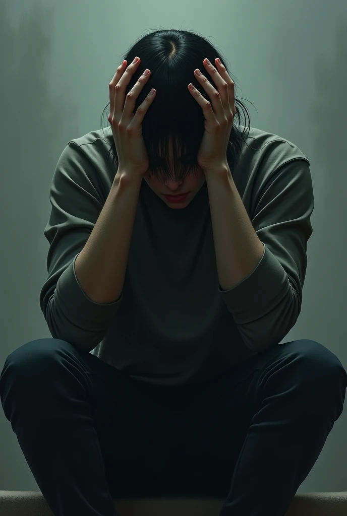 Ground view, an ultra-detailed and realistic depiction of a girl crouching in despair, covering her face in a gloomy room. Many ghosts surrounding her take on the form of haunting shadows, that hint at the torment they are inflicting upon her
