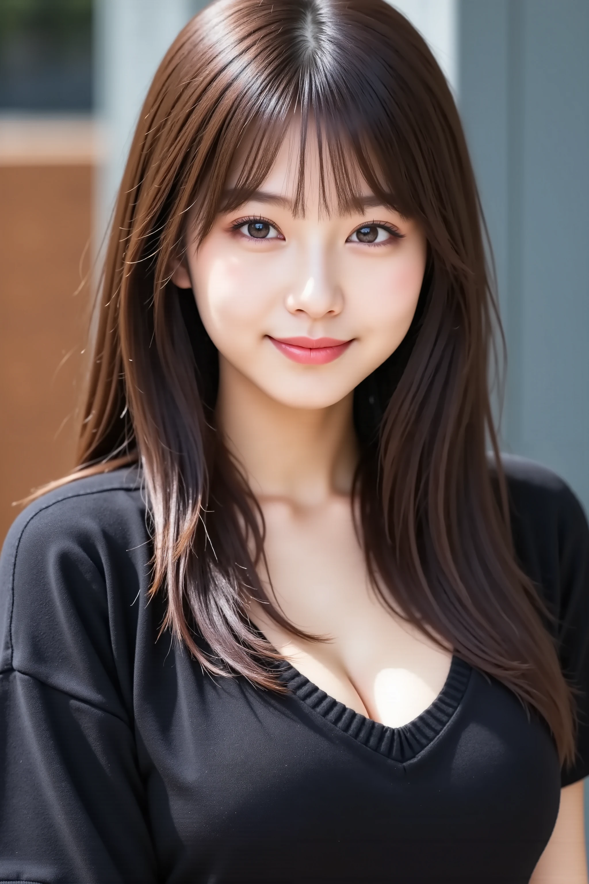 Arafed asian woman with long brown hair and black top - SeaArt AI