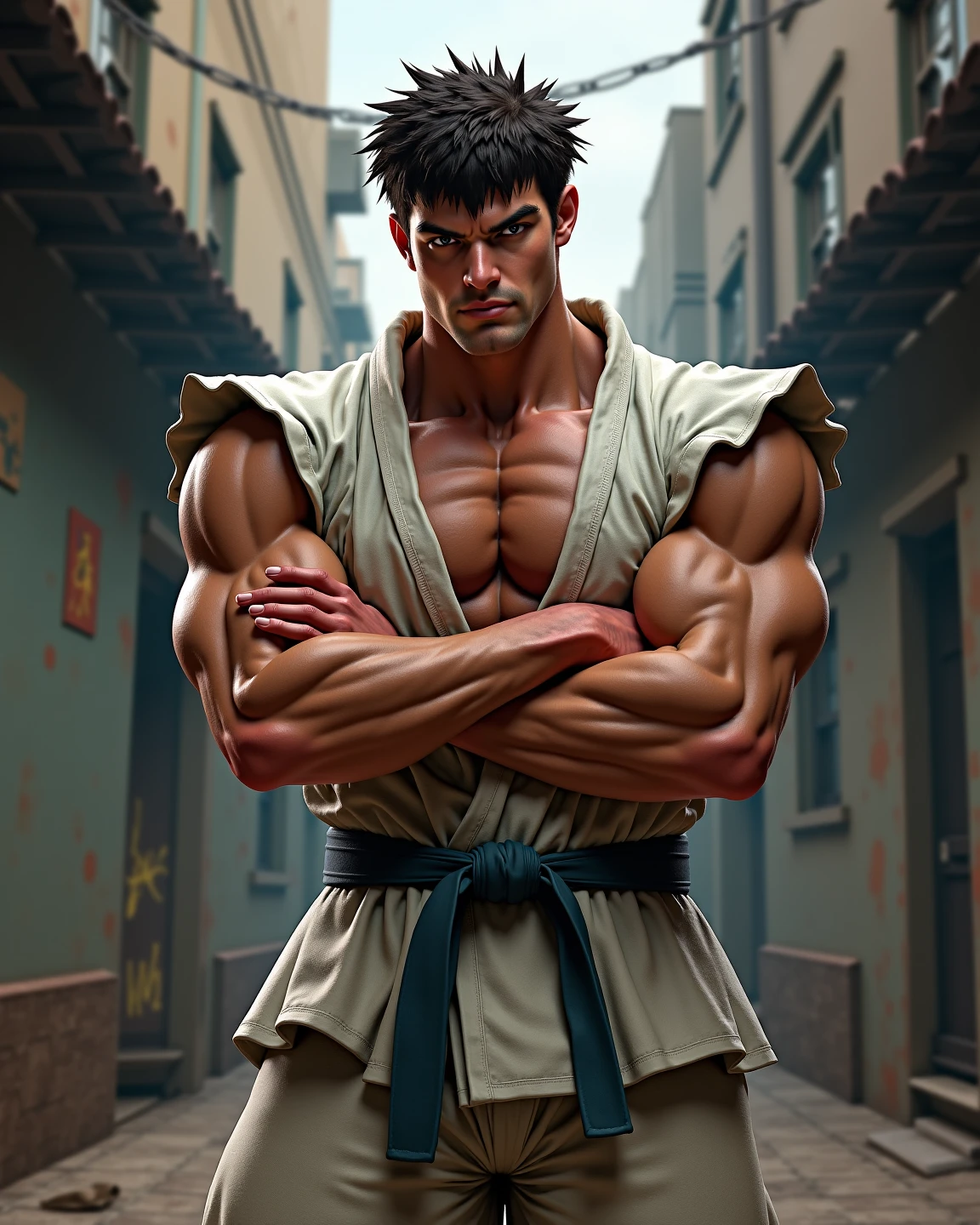 sexy mature daddy, tanned-skin, big bulge, darker skin, stubble, muscular, best quality, masterpiece, super high resolution, detailed background, realism, illustrations, single, 1 boy, torii, muscle, volumetric lighting, depth of field, facial hair, ryu, white clothes, black belt, light particles, massive bulge, starry sky, martial artist, sweating, short hair, perfect eyes, bare feet, naked body