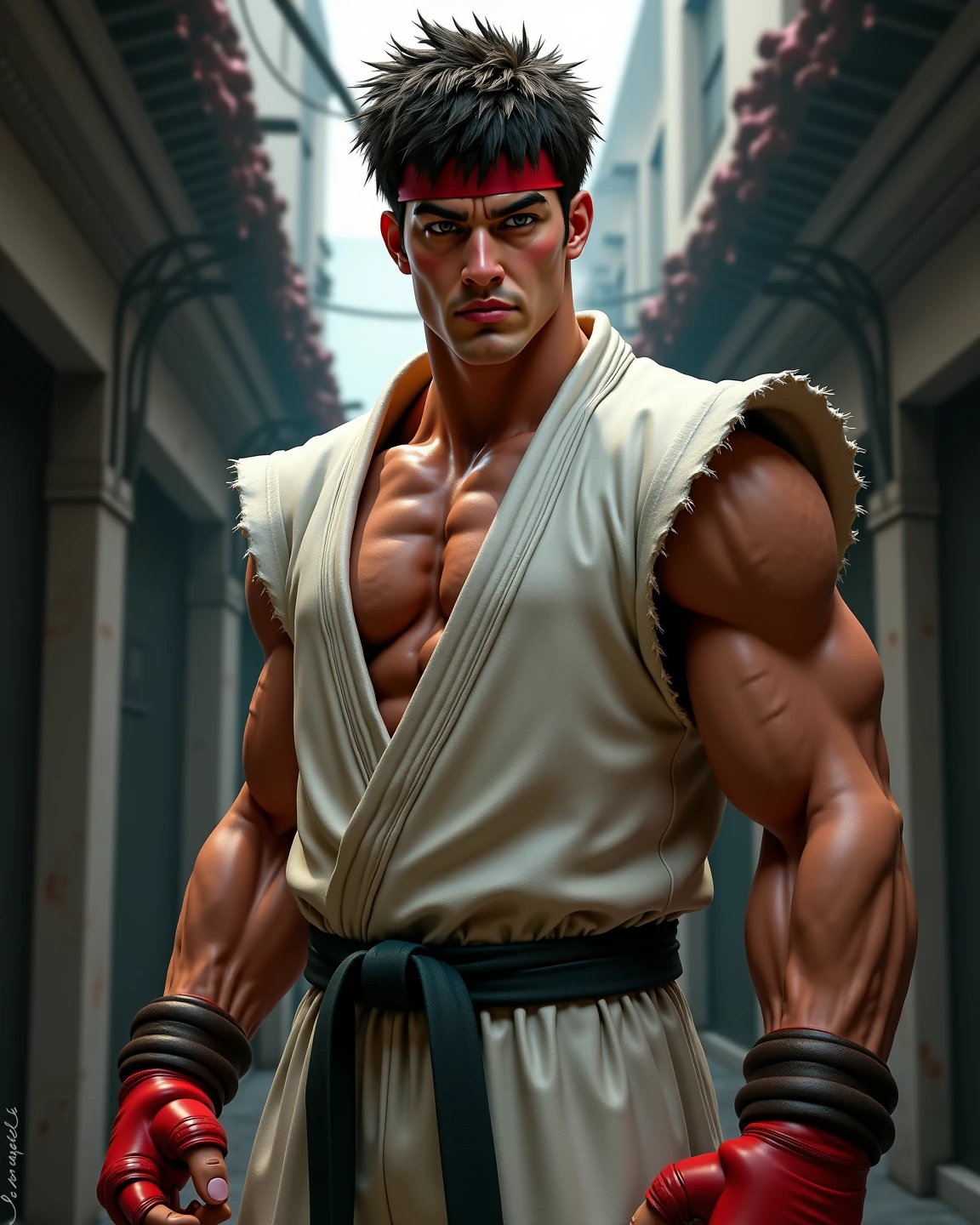 medium full shot. photo of handsome lightweight young adult Ryu, very detailed muscles, very detailed skin, street fighter, Shoryuken, upper body, in the middle of a fight, fight action, dynamic angle, powerful, best quality, intricate, soft lighting, pastel colors, <lora:ryuStreetFighter_v10:1>