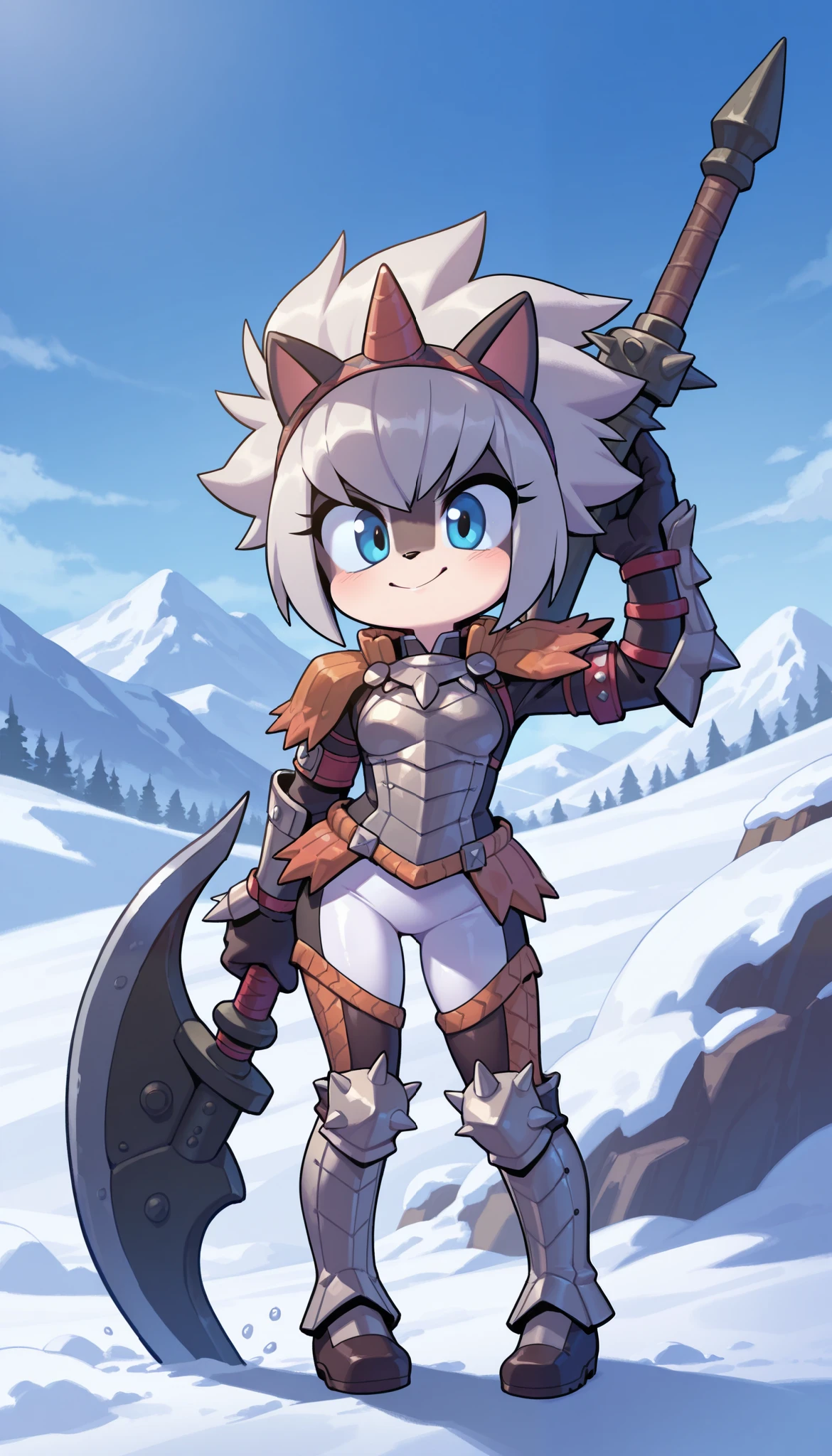 score_9, score_8_up, score_7_up, 1girl, solo, masterpiece, best quality, amazing quality, very aesthetic, absurdres, source furry, mobian, gray hair, messy spiky bangs, short spiky hairstyle, blue eyes, cat ears, cat features, white body fur, looking at viewer, smile, oily skin, eyeshadows, (short body, tiny body), big head, closeup, ((Monster Hunter armor, )), full body, small breasts, mountain on background, tuft cheeks, holding a Monster Hunter weapon,