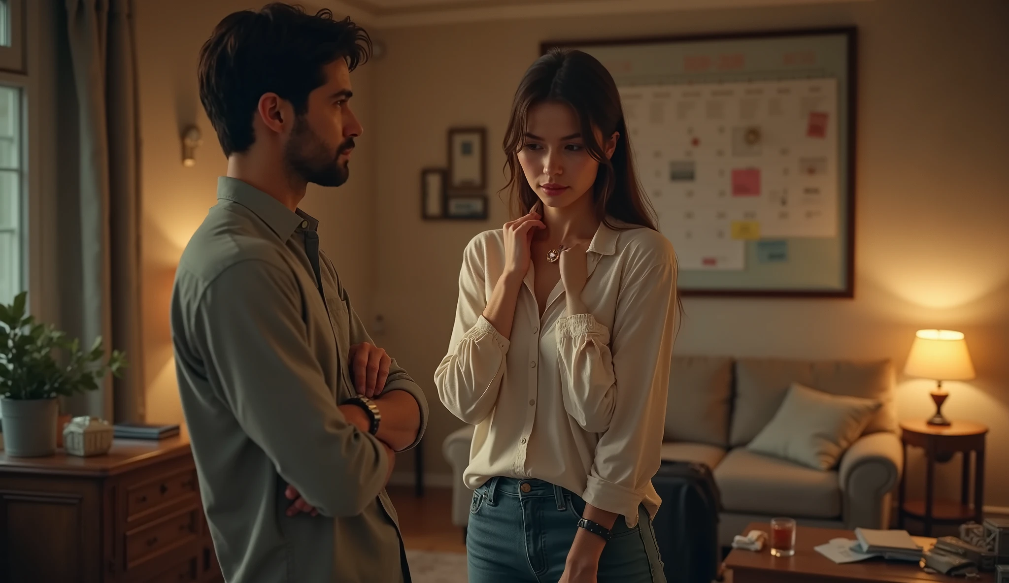 Realistic scene in an intimate domestic environment, with warm and dim lighting. a 25-year-old woman, wearing casual travel clothing (like a wrinkled blouse and jeans), he is standing near a sofa, with a half-undone suitcase at his feet. He wears a hand around his neck, close to a small reddish pacifier partially hidden by her hair. His expression is a mixture of nervousness and frustration, trying to keep calm while speaking. facing her, a man of the same age, with his arms crossed and a frown, looks at her with skepticism . Subtle details: a calendar On the wall marks the date of his return, and a half-empty glass of water on the table reflects the passage of time. The background shows a cozy room with some disorder, as if the conversation took hours. The composition transmits contained emotional tension, with a focus on faces and body language that reveals distrust and doubt.
