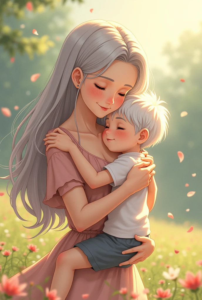 A woman with white hair and red eyes smiling holding a baby with black hair and yellow eyes in the anime garden