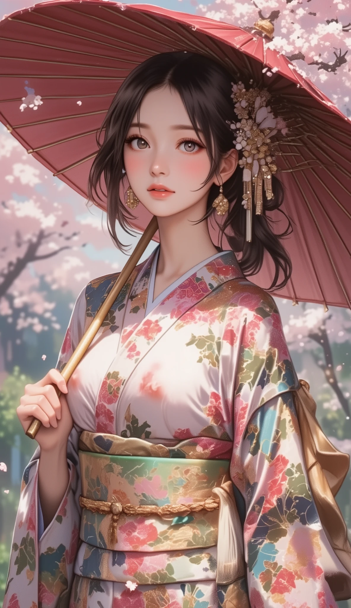 Woman holding a Japanese umbrella , Nishijin Textile Kimono , Japanese painting style, beautiful anime style portrait, Extra , detailed portraits of anime girls , Beautiful Anime Portrait , beautiful anime women , digital Animation illustration, Anime Style Portrait , Additional Art ,realistic, (Beautiful Anime Girl Showing Naked Skin, large breasts, huge breasts, big breasts, uplifted breasts, well-defined breasts, Busty、deep cleavage)、anime style digital art , Animation illustration, ponytail, Navy Blue Kimono , Background is Sakura Fubuki