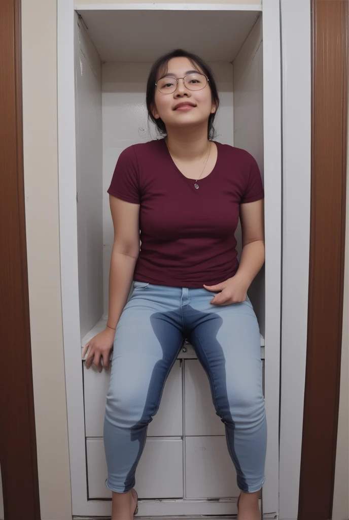 (pp clothes), from forehead, Indonesia school girl, waiting in line, front toilet door, peeing jeans