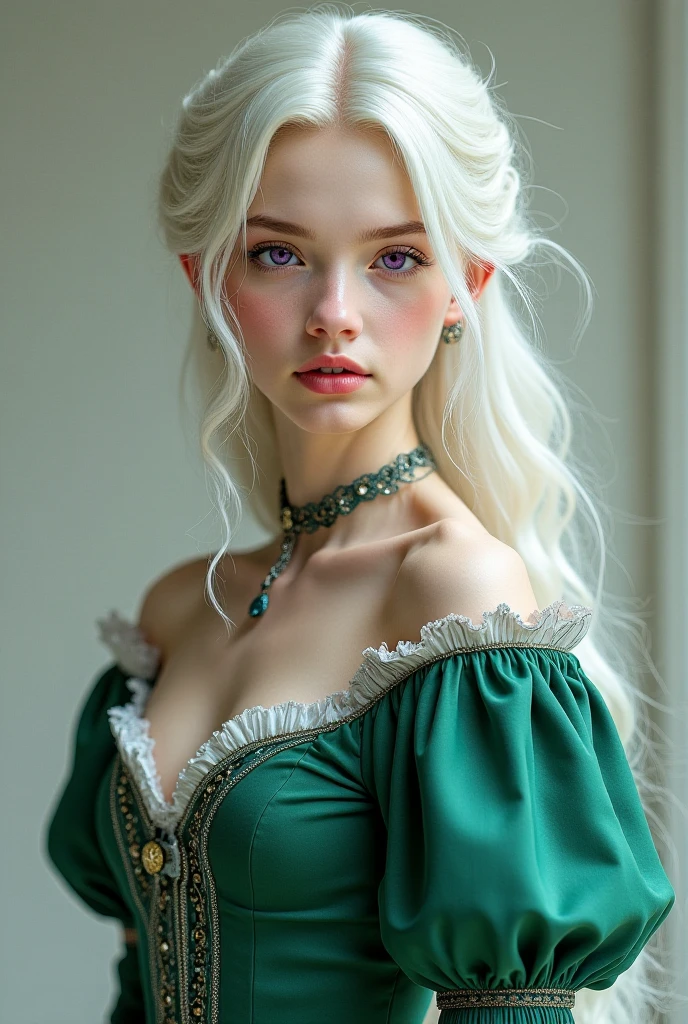 medieval woman, aged around 25 years old, white, blue-eyed, ash blonde hair curled at the ends, wearing a long green dress