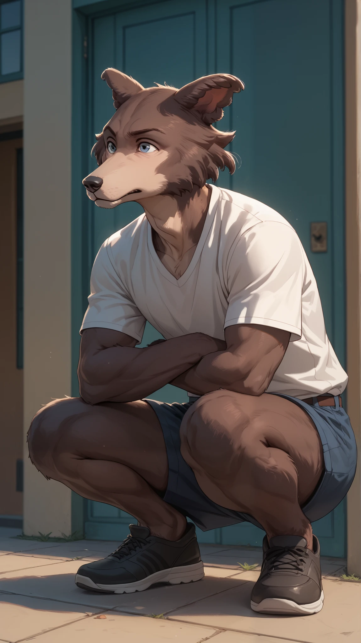 eastnik_fluffy, yard, full length, male wolf, brown fur, squatting, frightened