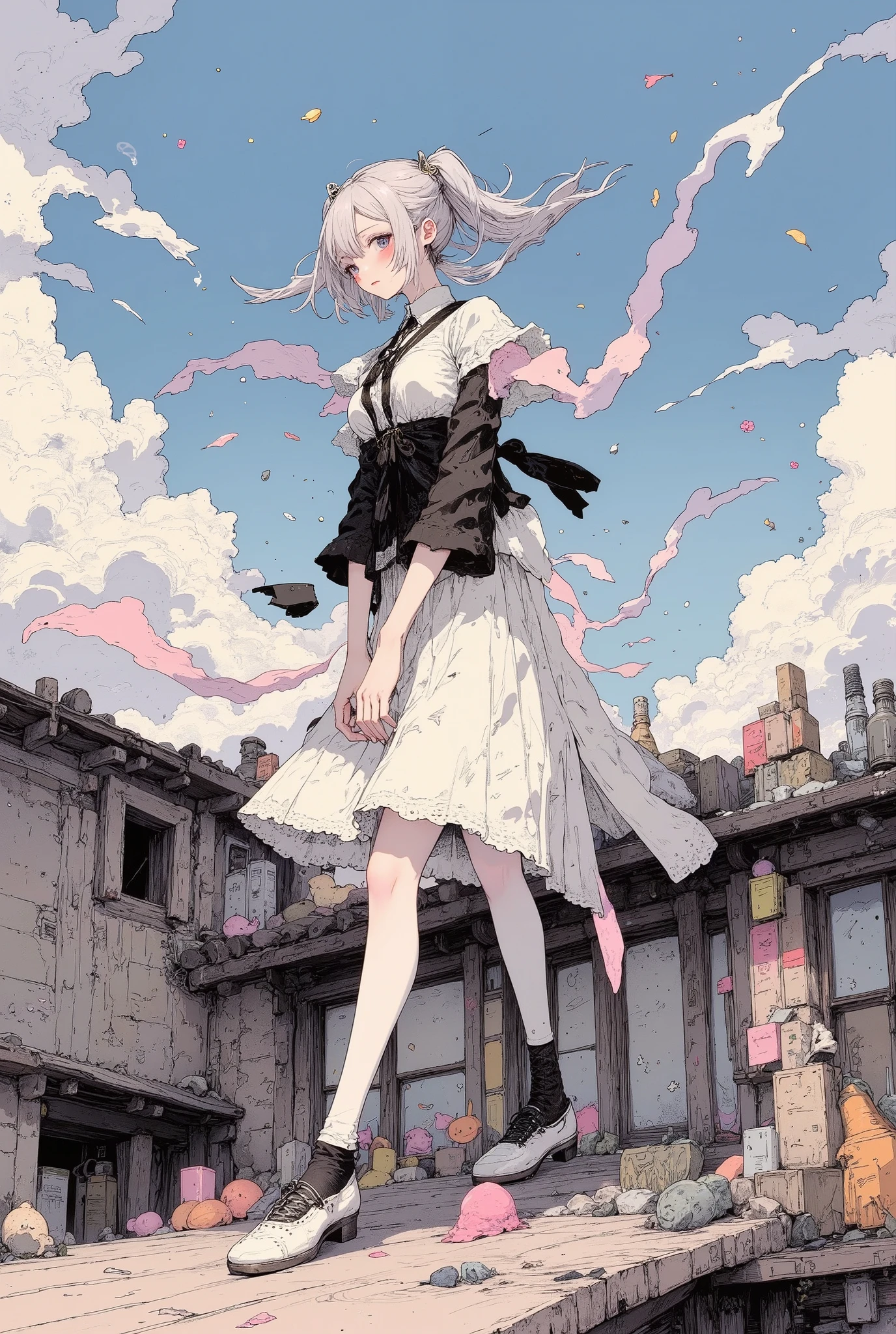 ((She plays on the rooftop.)), (((Low angle shooting, Looking into the camera:1.22, Leaning forward, Open shirt))), ((Are standing, Skirt flutters in strong winds, Do not bend your legs, Don't bend your knees, Spread your thighs, )), dynamic, High Definition, masterpiece, Accurate, top quality, High Definition model, high detail, (((The textures are soft))), ((matte and toy-like with a handmade premium look)), (((Tim Burton style))), beautiful woman, anime style, simple lines, ((soft silver low ponytail hair)), (intricate details : 1.1), beautiful detailed, beautiful hair, 1girl, japanese, blush, ((five fingers)), ((Pupil details)), (Anatomically correct),