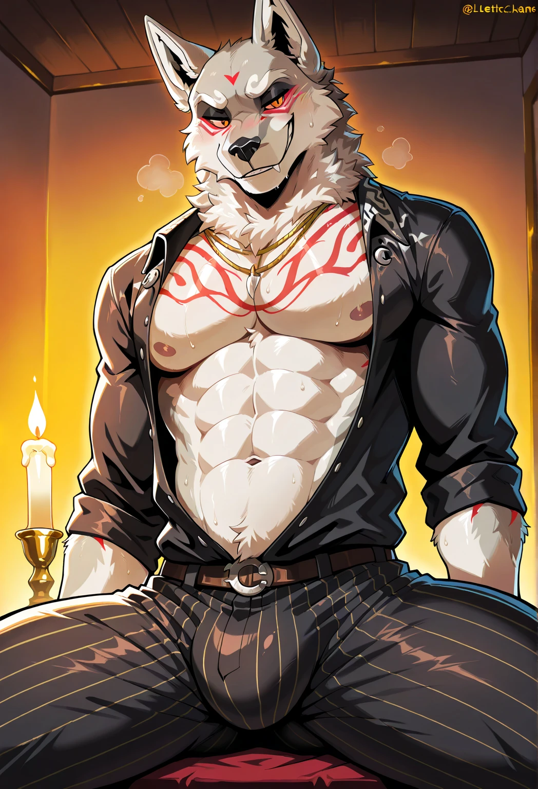 male, solo, (high quality, absurd res, 4k, masterpiece), cute, seductive, anatomically correct, brainwashing, hypnosis, hypnotic visor, naked, nude, harness, ahegao, mouth open, tongue out, saliva, on knees, huge canine penis, cumming, cum on belly, cum on face, cum on floor, slim body, fluff, front view, red collar, room, looking at viewer, by littleblackalas, muscular, wallpaper, detailed, wolf, two-tone body, highres, (anime style:1.1), anime style, key visual, vibrant, studio anime, highly detailed, (by pache riggs:1.1), (by drmax:1.3), (by milkytiger1145:1.1), (by chunie:0.8), (anime style:1.1), anime style, key visual, vibrant, studio anime, highly detailed, purple theme