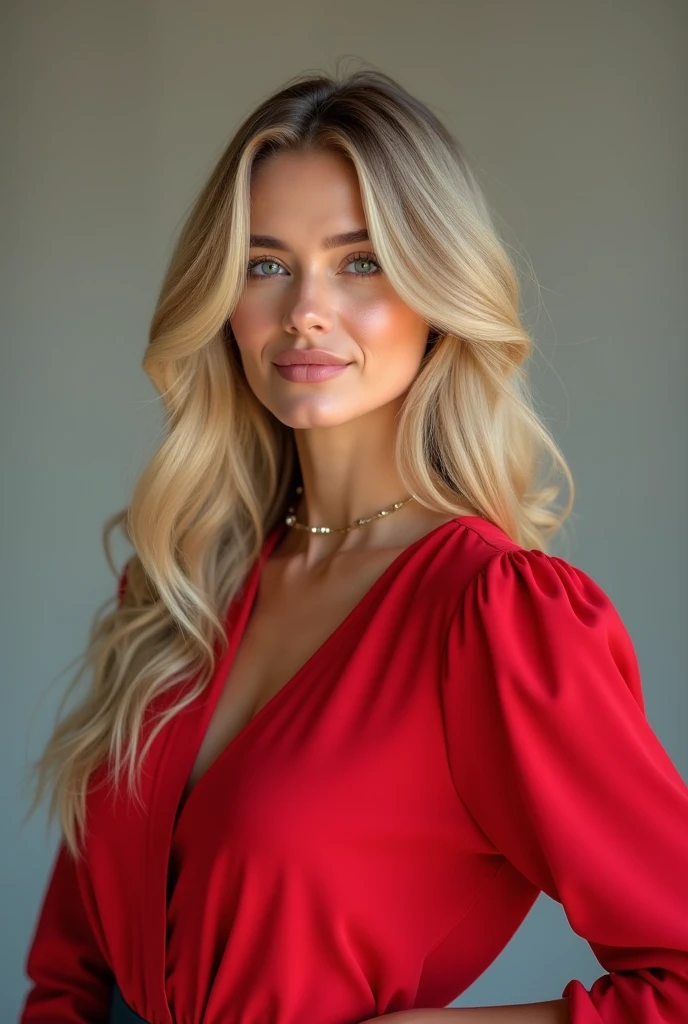 documentary photography photo of a bautiful russian women, age 45 with long blond hair, wearing a red dress, sitting in front of camera and smiling, head shot, bounced lighting, dutch angle, aaton LTR, in style of Martin Schoeller