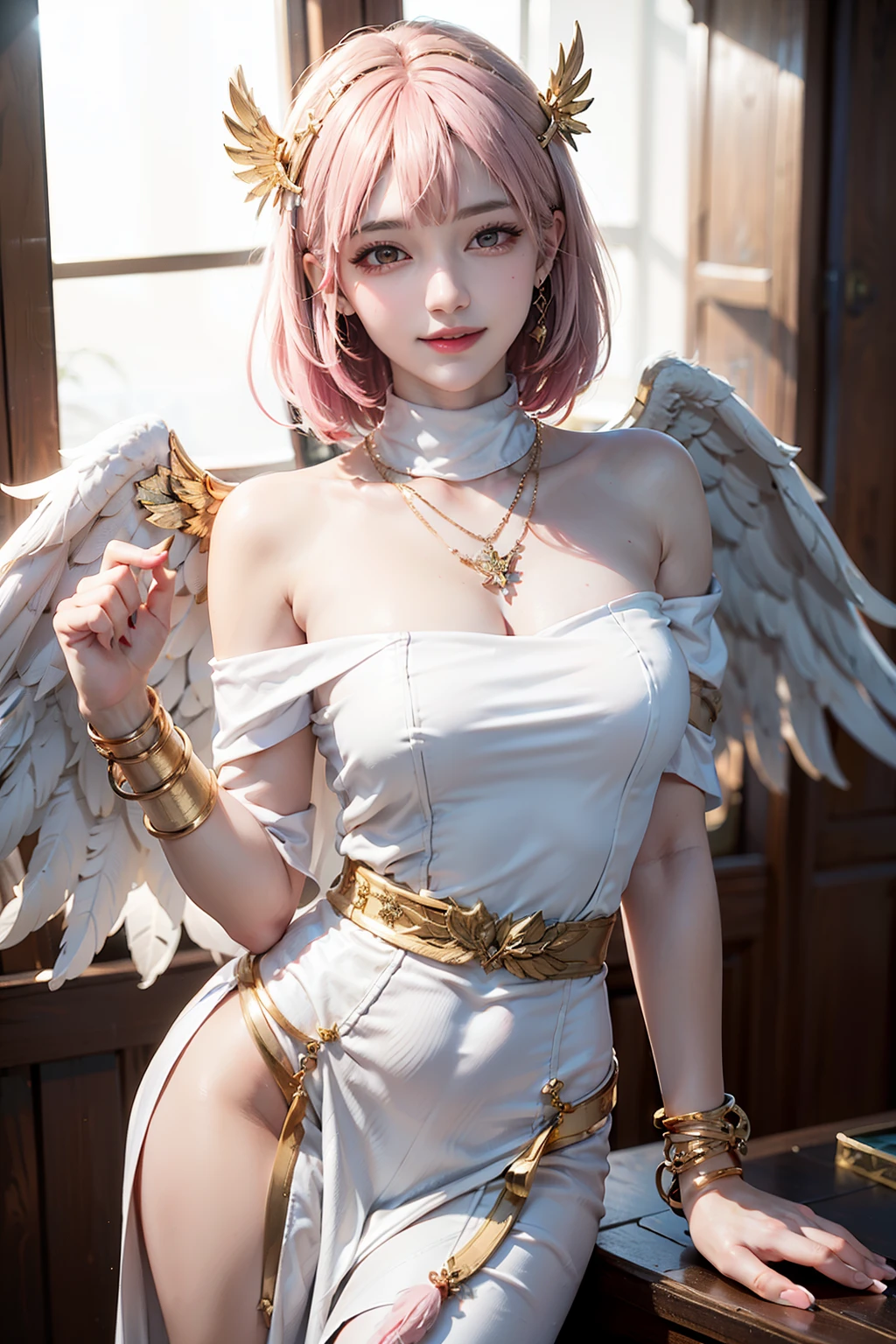 Women, early 20s, short silky pink hair with yellow tips, angel wings, gold armlet, gold bracelet, golden eyes, seductive look, thighlet, white turtleneck greek one-shoulder dress, white skirt, standing up.