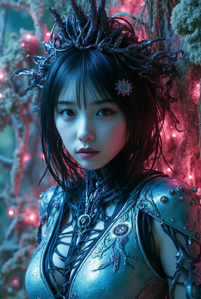8k,复杂,ellegance,highly detailed,A majestic,digital photography,Autumn cowboy shot,surrealism painting,Broken rubies,Beating magic,Entwined water magic,(tmasterpiece,Sideslit,Fine beautiful eyes:1.2),HDR,Void 5 Energy Storm,(ChineseGirl,Black eyes:1.5),paleskin,Glowing skin,(sitting on the stone:1.5),delicated face,black color hair,Wearing palatial red armor,cropped shoulders,nabel,short skirt,Beautiful light blue armor,rained,big breasts beautiful,looking at viewert,Face away from the camera,tmasterpiece,The upper part of the body,
