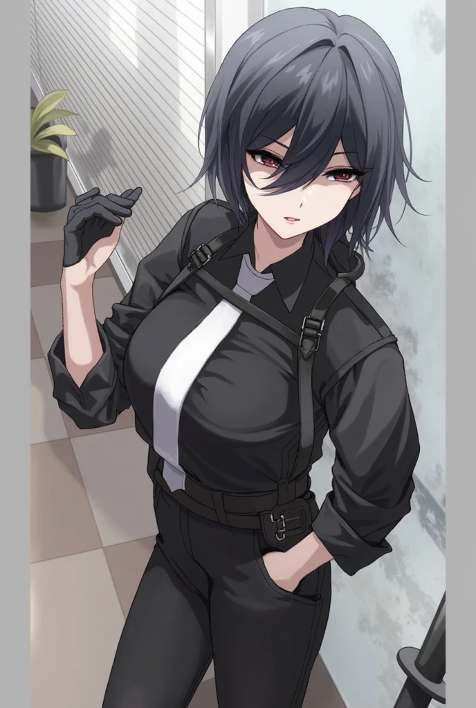 Anime style image of a girl with short black hair, she has an eyepatch covering her left eye, she is muscular, and her right arm is wrapped in white bandages and she wears a schoolgirl uniform. Her arm is bandaged.