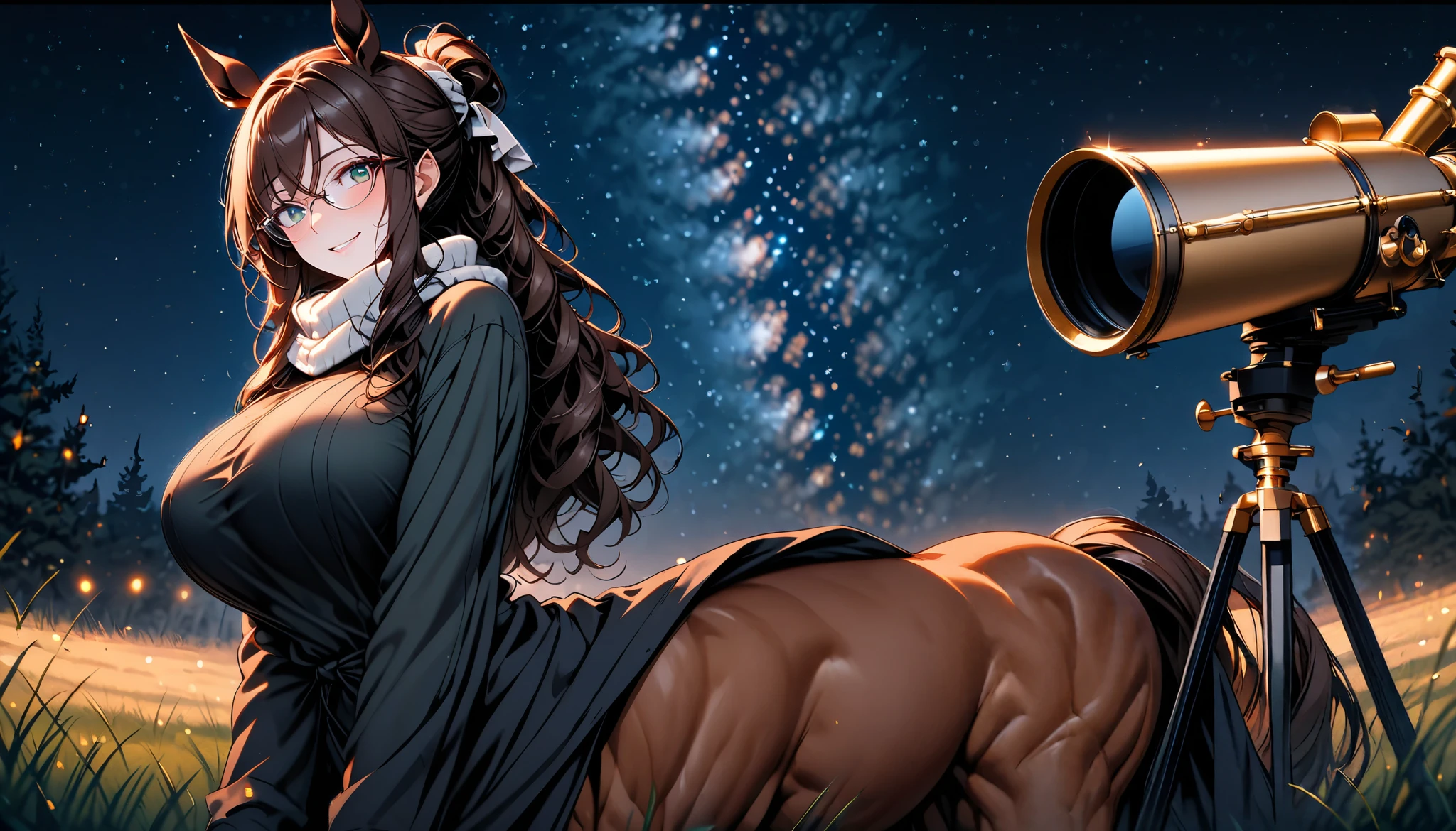 solo, female, centaur, close up, long wavy hair, brown hair, dark green eyes, centaur girl, very tall female, huge female, bulky body, brown horse ears, very large breasts, tied hair, modest clothes, night sky, wide smile, large brass telescope, telescope on tripod, starry sky, grassy field, night, glasses, centaur, tall, long arms, long torso, adult, loose clothes, comfortable clothes, warm clothes, Victorian, cold weather, horse warming blanket,