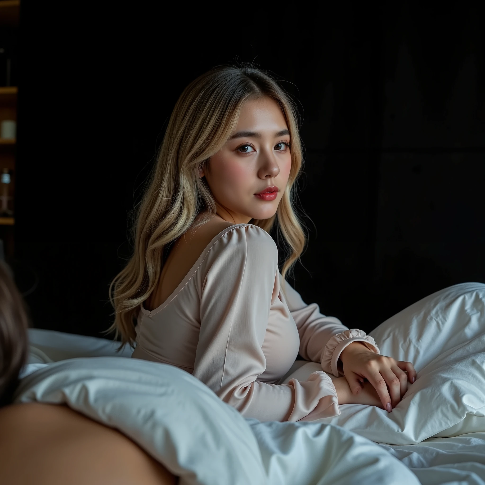  full shot, realistic photography photo of a woman wearing a long dress with long sleet outfit with long, wavy blond hair and flawless skin, makeup, red lipstick 
 woman lying in bed, her back partially turned to the camera. The background is a solid black, emphasizing a feeling of emotional distance. She has an emotionally detached expression, her gaze unfocused, staring off into the distance, lost in thought. Her hand rests lightly on the sheets, but she is not touching the man beside her. The edge of a male figure is visible in the foreground, blurred and out of focus, reinforcing the idea that he is physically present but mentally absent from her world. The lighting is soft yet moody, casting subtle shadows that highlight her sense of detachment. The overall color tone is cool and neutral, evoking a sense of emotional disconnect and unspoken tension.