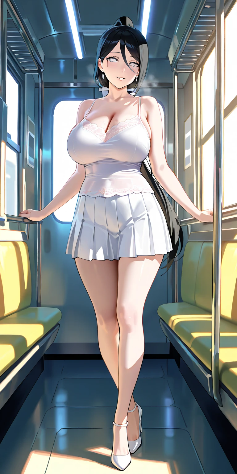 masterpiece, best quality, 1 girl, 18 years old, (thick lips), bangs, short black hair, very big breasts, big thighs, glasses. (she is wearing a white dress, straps, very tight, very transparent, very small, very wet, she is wearing it), (no bra), (low-cut dress, cleavage), (she wears heels, her feet are visible, perfect feet, feet well done). standing, blushing, spreading her legs, (innocent, iocent, delicate look), on the subway
