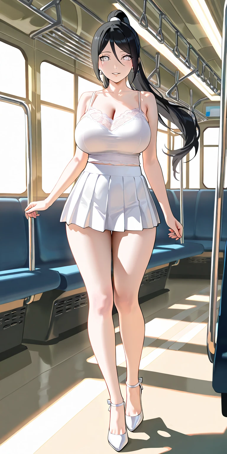((full body:1.5)) {1woman}, only {1woman} is ((wearing ((black maid outfit extremely tight around her body, with very short white skirt, long transparent white stockings)))), only {1woman} ((has extremely large breasts):1.5), only {1woman} has ((blue eyes, long green hair with thick braids):1.5), only {1woman} ((is looking at the viewer/ look of happiness/smiling, doing heroic poses while standing)), only {1 woman} is standing, ((Inside a bus ((((crowded with passengers, with different hair styles and colors, different clothes and different itinics) :1.5))). anime, anime style, cinematic lighting, 16k, highres, best quality, (high details:1.4), UHD, ((masterpiece))