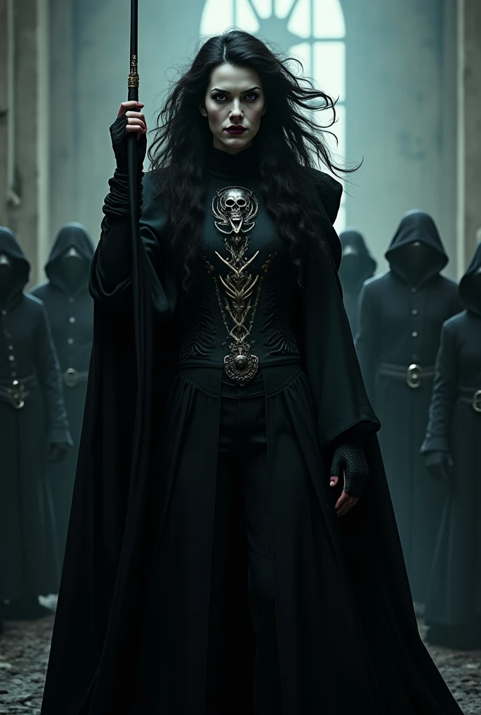 A mysterious female cult leader holds mass in front of masked followers in an underground facility、A woman with a bad personality and inferiority complex、smile、A woman who displays authority、Japan is becoming increasingly dog-eat-dog、black longcoat、Gold leather handbag、Black Leather Costume、((Old ruins)), Japanese women、A mysterious circular accessory、Detailed costume design、Black long coat、Crazy Face、美しいJapanese women、make、cold、Crazy Smile、((Pale white light)), Anatomically correct、smoke