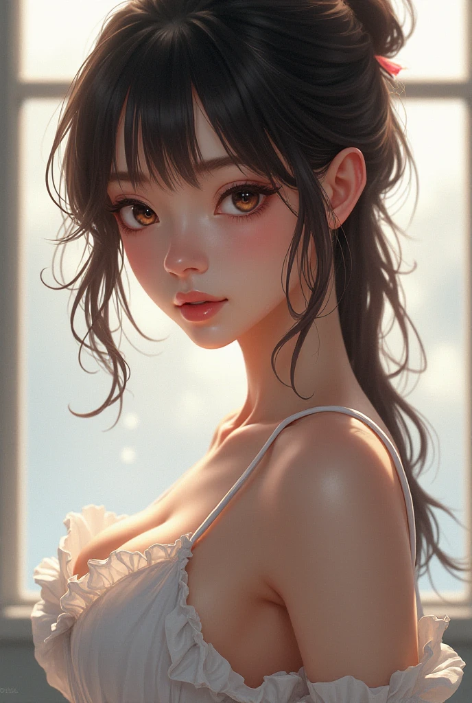 femme 25 ans style anime japonais, secy mais realiste, avec le corps en entier jusqu’au pied
