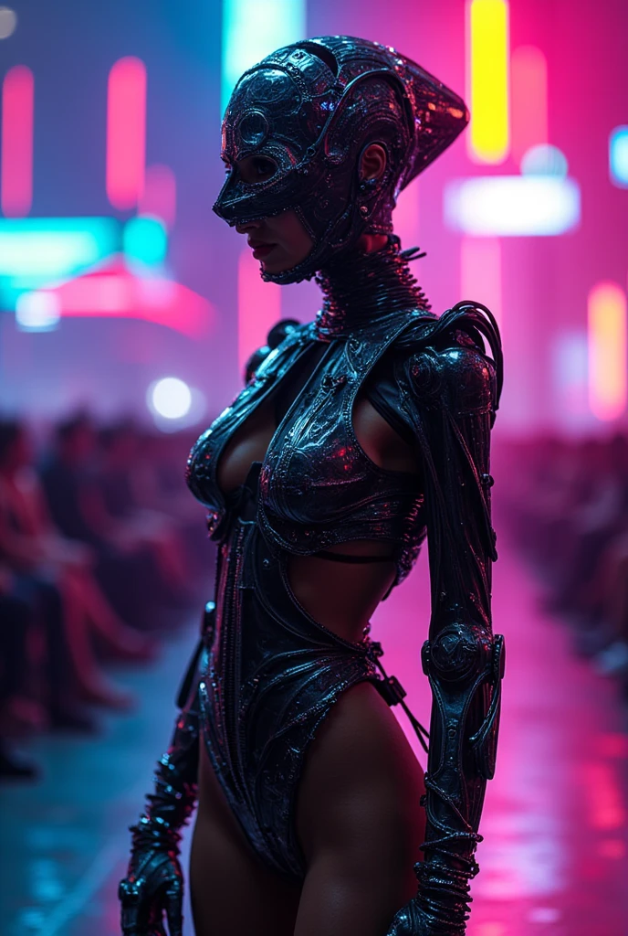 a woman wearing an exo-skeleton mask on a fashion runway, vibrant neon lighting, age model, intricate mechanical design, high-tech futuristic cyberpunk style, dynamic pose, dramatic lighting, colorful dystopian background, detailed metal textures, glossy wet look, hyper-realistic, 8k, photorealistic, cinematic, masterpiece