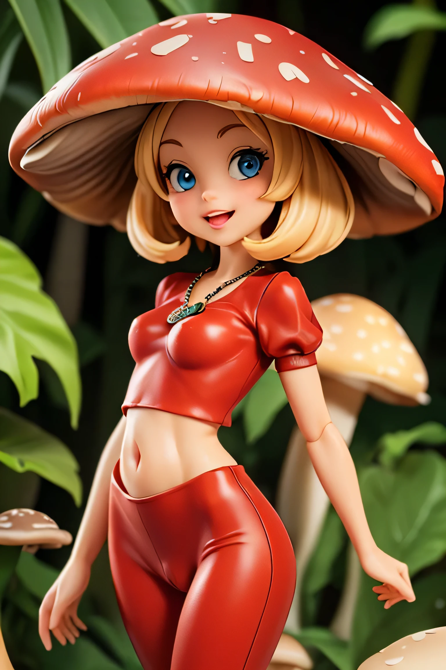 (((((Very tiny cute hyperrealistic girl))))), ((())), ((((red cap)))), (((round face))), ((((blond hair)))), (((blue eyes))), (((very tiny breast))), (((((very tiny body:1.9))))), (((medium hair))), ((((relm arrowny:1.6)))), (((open mouth))), (((cute big lips))), ((((close-up)))), (((necklace))), (((smooth arms and legs))), (((short ellbow sleeves)), (((open legs))), (((cute smile))), ((((very small arms and legs)))), (((water))), (((jungle))), (((mushrooms))), ((((red outfit))))