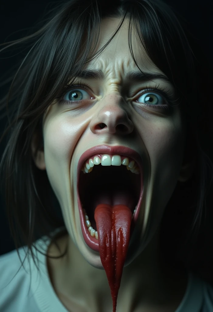(RAW photo, best quality), (realistic, photo-realistic: 1.3), extremely terrific, masterpiece, ultra-detailed, highres, best illustration, best shadow, intricate, depth of field, horror, scary, scary, scary, horrifying, solo, 1girl, dirty hair, (scary eyes), evil insane eyes, insane monster smile with sharp teeths, looking at the viewer, black torn clothes, hood, blood, bloody, insane expression, sharp focus, volumetric mist, 8k UHD, DSLR, high quality, (film grain: 1.4), Fujifilm XT3, darkness, night