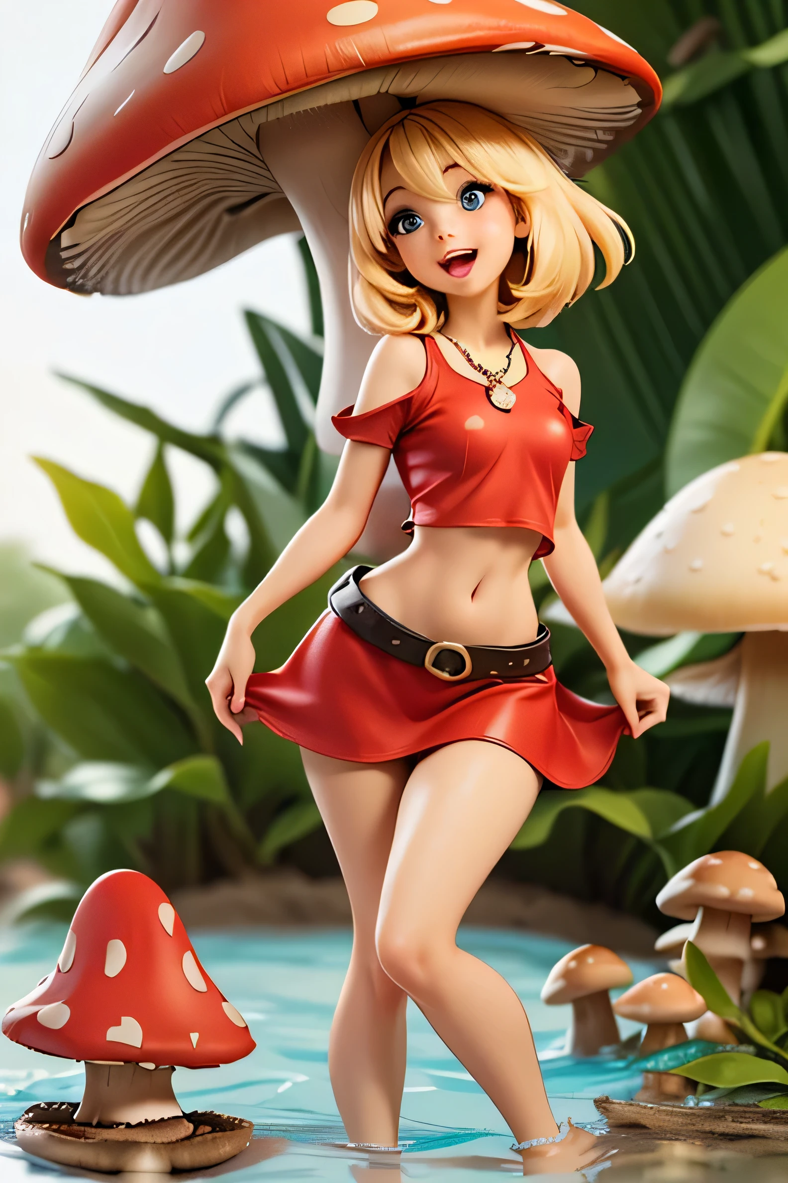 (((((Very tiny cute hyperrealistic girl))))), ((())), ((((red cap)))), (((round face))), ((((blond hair)))), (((blue eyes))), (((very tiny breast))), (((((very tiny body:1.9))))), (((medium hair))), ((((relm arrowny:1.6)))), (((open mouth))), (((cute big lips))), ((((close-up)))), (((necklace))), (((smooth arms and legs))), (((short ellbow sleeves)), (((open legs))), (((cute smile))), ((((very small arms and legs)))), (((water))), (((jungle))), (((mushrooms))), ((((red tunic)))), (((midriff peek))), (((bare shoulders))),