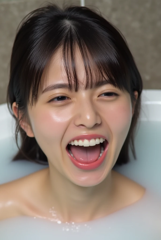 (8k, RAW photos, highest quality, masterpiece: 1.7), (Realistic, Photorealistic: 1.9), nsfw, black hair, (blushing), shower room, sweaty face, sweaty body, surprised face, looking at viewer, (small nipples), (having no make-up), naked, (full body), (open one's mouth wide), (have a dildo)