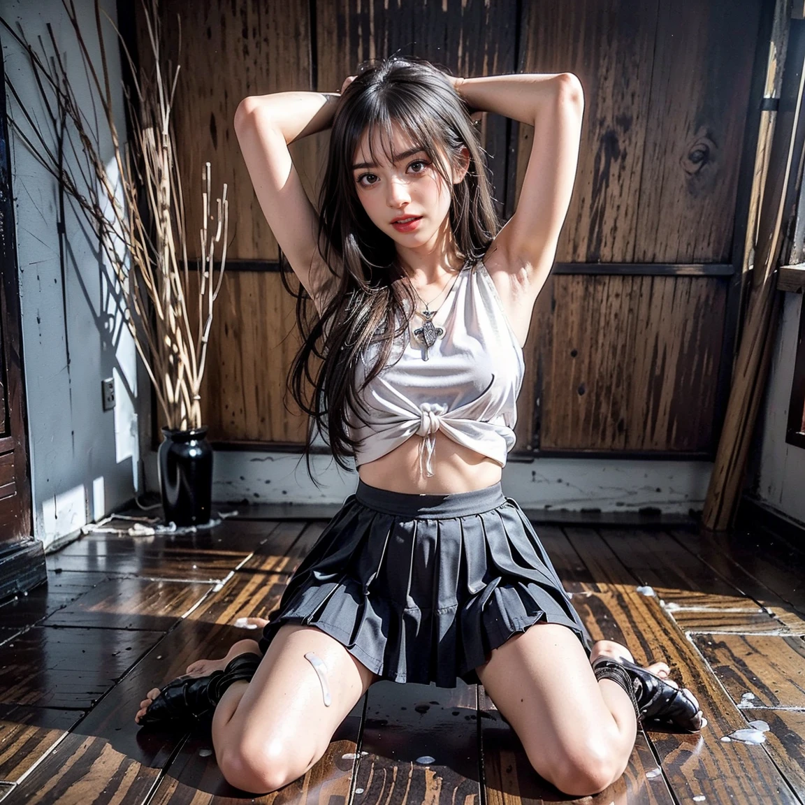 wariza,young,(Turquoise check skirt),(Black T-shirt),Teenage Girls,Delicate body, body,,Small breasts,Black-haired,Very long hair,stage,((Sexual pose:1.5))、((Panties:1.5))