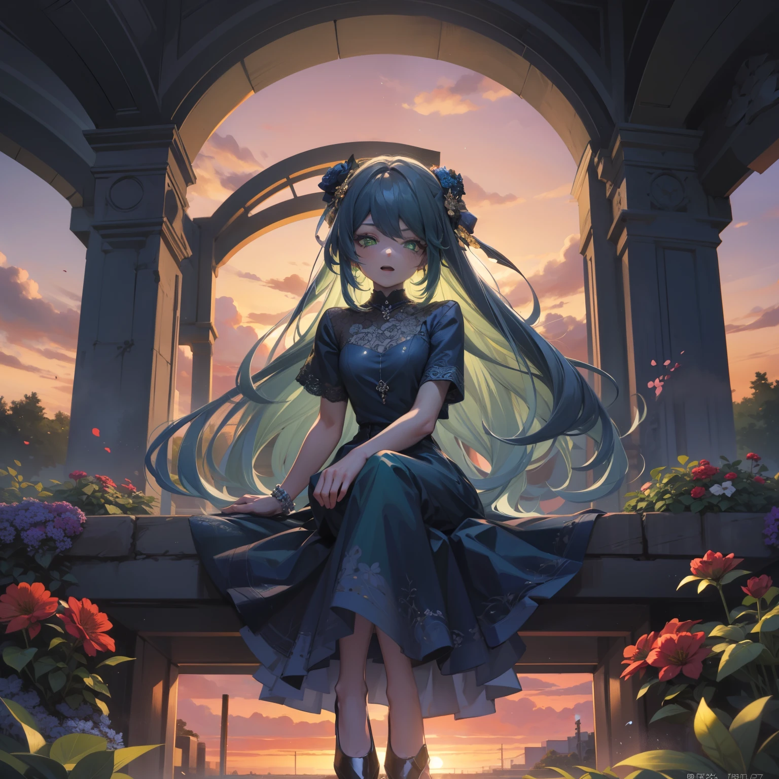 chica, beautiful detailed green eyes, surprised expression, blue dress with lots of details, long, smooth dark blue hair, Sitting pose in a garden, Background a garden full of flowers and a sunset, perspectiva baja un poco de perfil.