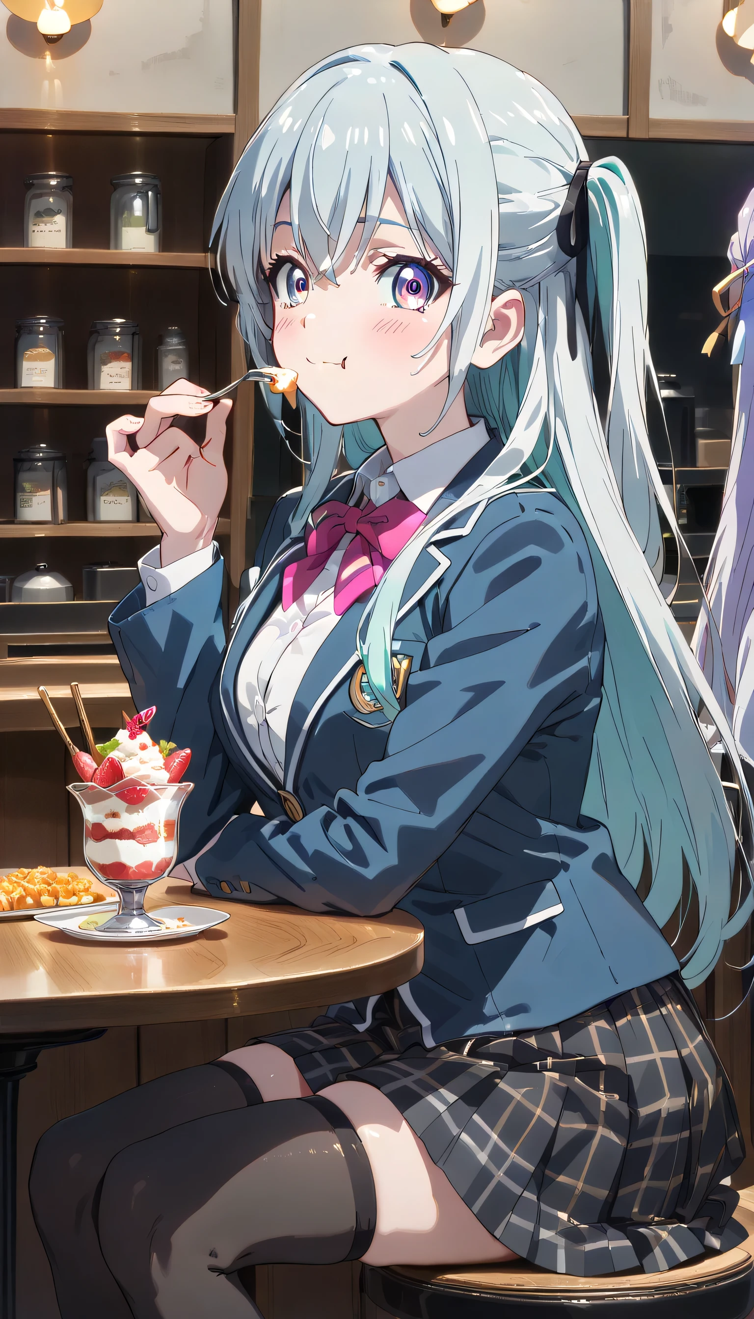 ((ultra-detailed)), (highly detailed CG illustration), (best quality:1.2), ultra-highly detailed, colorful composition, artistic photoshoot, 1girl, solo focus, ((thigh to top:1.4)), ((cowboy shot:1.4)), moe anime character, super popular super idol, girl, dainty facial structure, (bab(round face), ((rounded chin:1.2)), ((ideal ratio body proportions)), celia-default, celia claire, blue eyes, sparkle eyes, ((closed eyes)), ((silver hair color)), ((two side up)), ample breast, school uniform, navy blue blazer, modern style with fitted jacket, red neck bow, long sleeves white frilled shirt, navy blue pleated skirt, and black high socks, ((delicious:1.4)), ((smile:1.4)), ((happy:1.4)), ((joyful:1.4)), puffy cheeks as eating, ((sit on the cafe terrace:1.4)), ((eating strawberry parfait:1.4)), ((parfait on the mint:1.4)), ((holds a long handle spoon in right hand)), from side, best quality, masterpiece, expecting, pink cheek, blush, light pink gloss slip, portrait, depth of field, poured sunlight, sidelighting, (shine), lighting, caustics, ray tracing, perfect face, lustrous skin, highly detailed face, highly detailed eyes, perfect face, perfect nose, perfect hair, perfect eyes, perfect anatomy, beautiful hair, beautiful small face, extremely detailed face, beautiful detailed eyes, beautiful clavicle, beautiful body, beautiful huge breasts, leavage, breasts squeezed together, equalize the size of the left and right breasts, beautiful thin thighs, beautiful legs, beautiful fingers, 4 fingers, 1 thumb, lovely, (very detailed background:1.0), (highly detailed background:1.0), intricate details, joyful atmosphere, colorful and sparkling colors palette, chromatic aberration